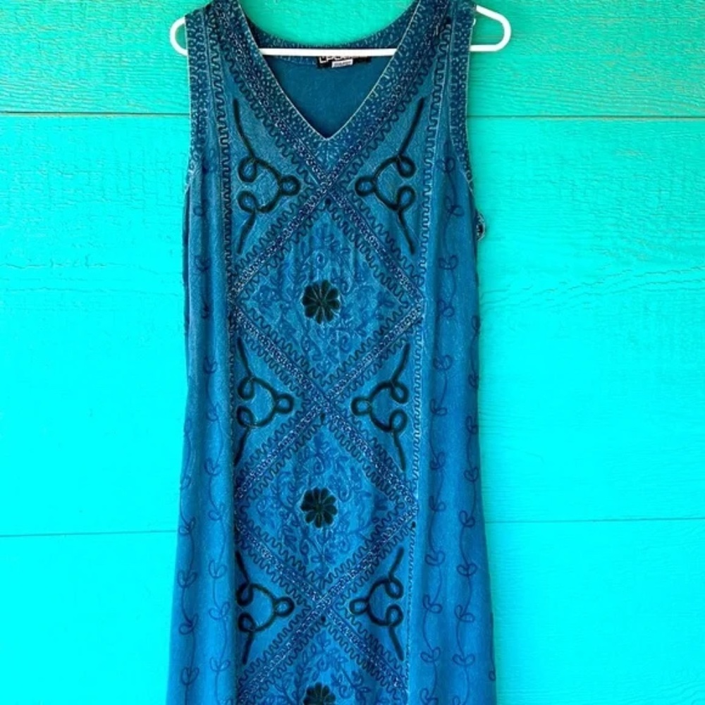 BATIK EMBROIDERED BLUE-on-BLUE TANK MAXI DRESS